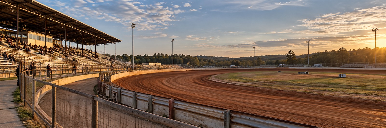 Illustrative clay oval speedway with spectator grandstands in warm afternoon light